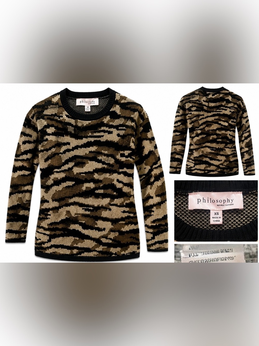 Philosophy Tiger Print Sweater XS Brown Black Animal Print Crewneck